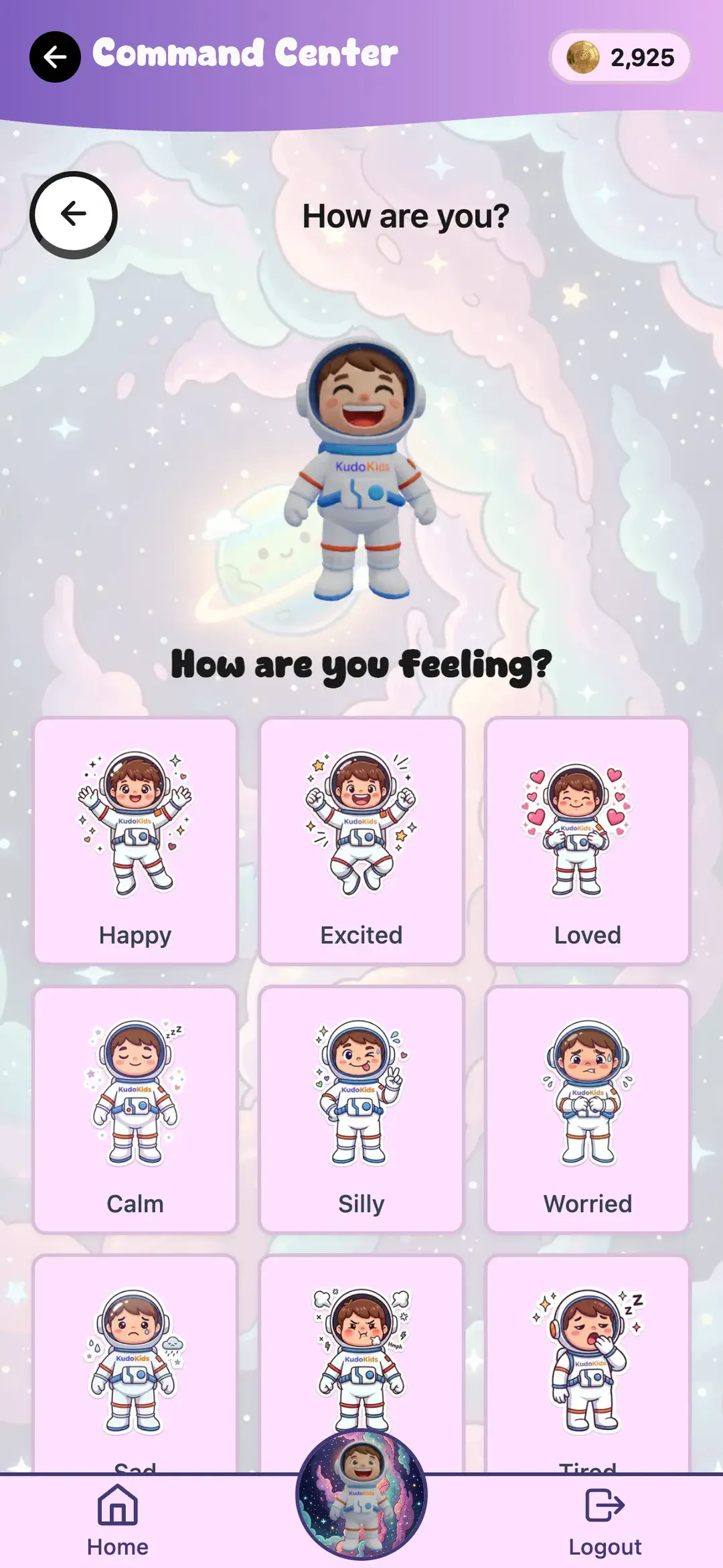 Daily mood check-in — a grid of named feelings with the child's 3D companion above the picker