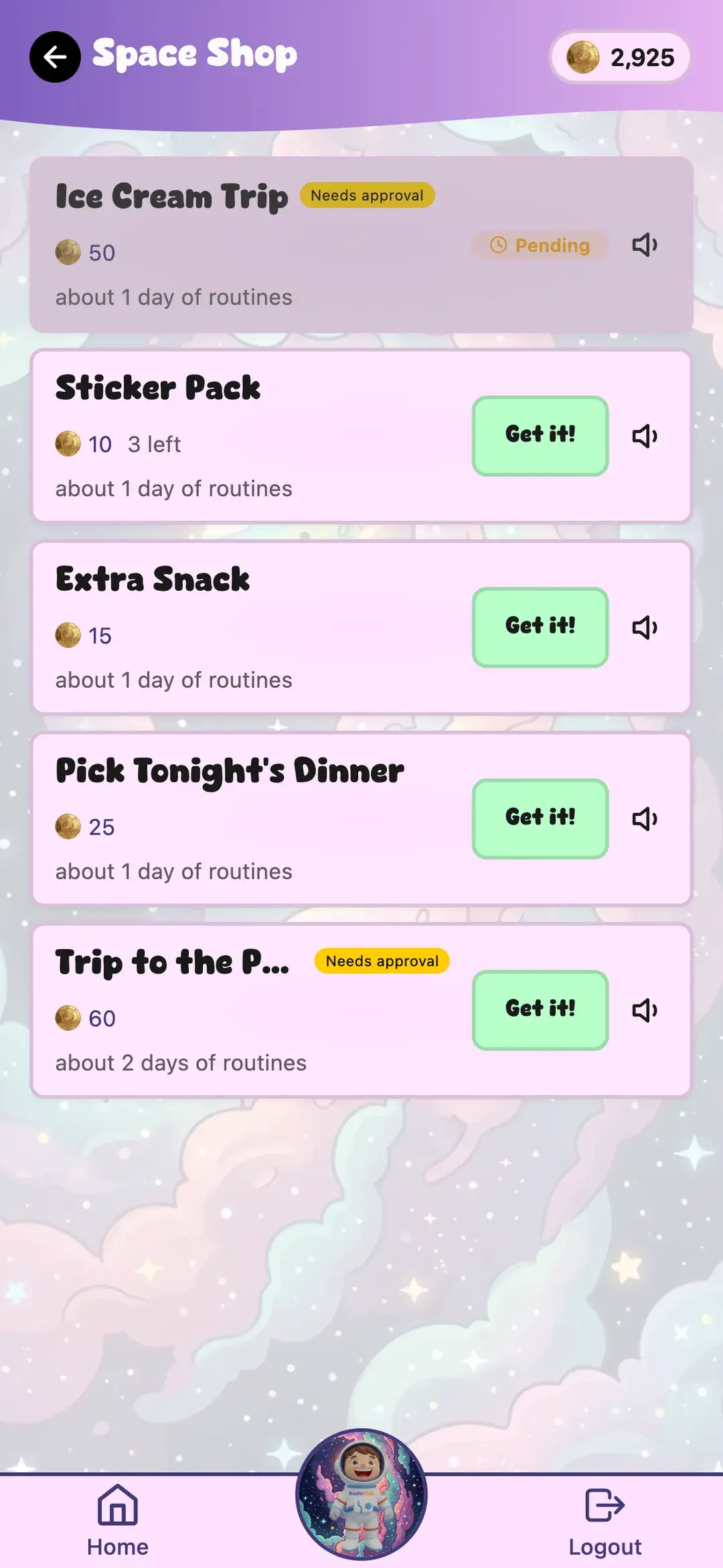 The rewards store on a child's phone — an ice-cream trip, extra snack, and picking tonight's dinner, each priced in Kudo Coins with roughly how many days of routines it costs
