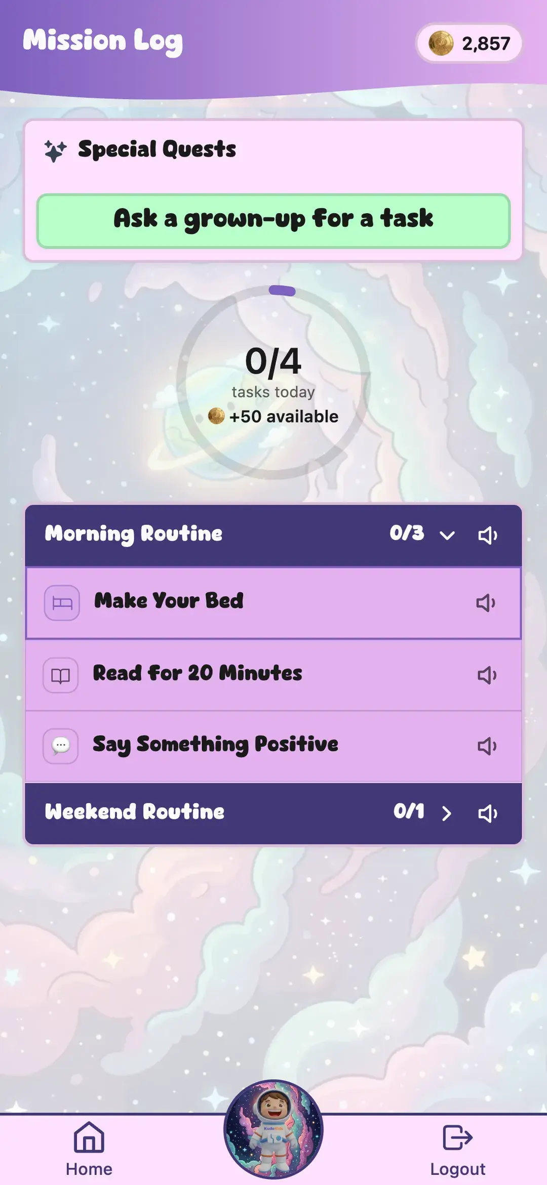 Daily routines screen — the themed Mission Log checklist with the day's Kudo Coin payout