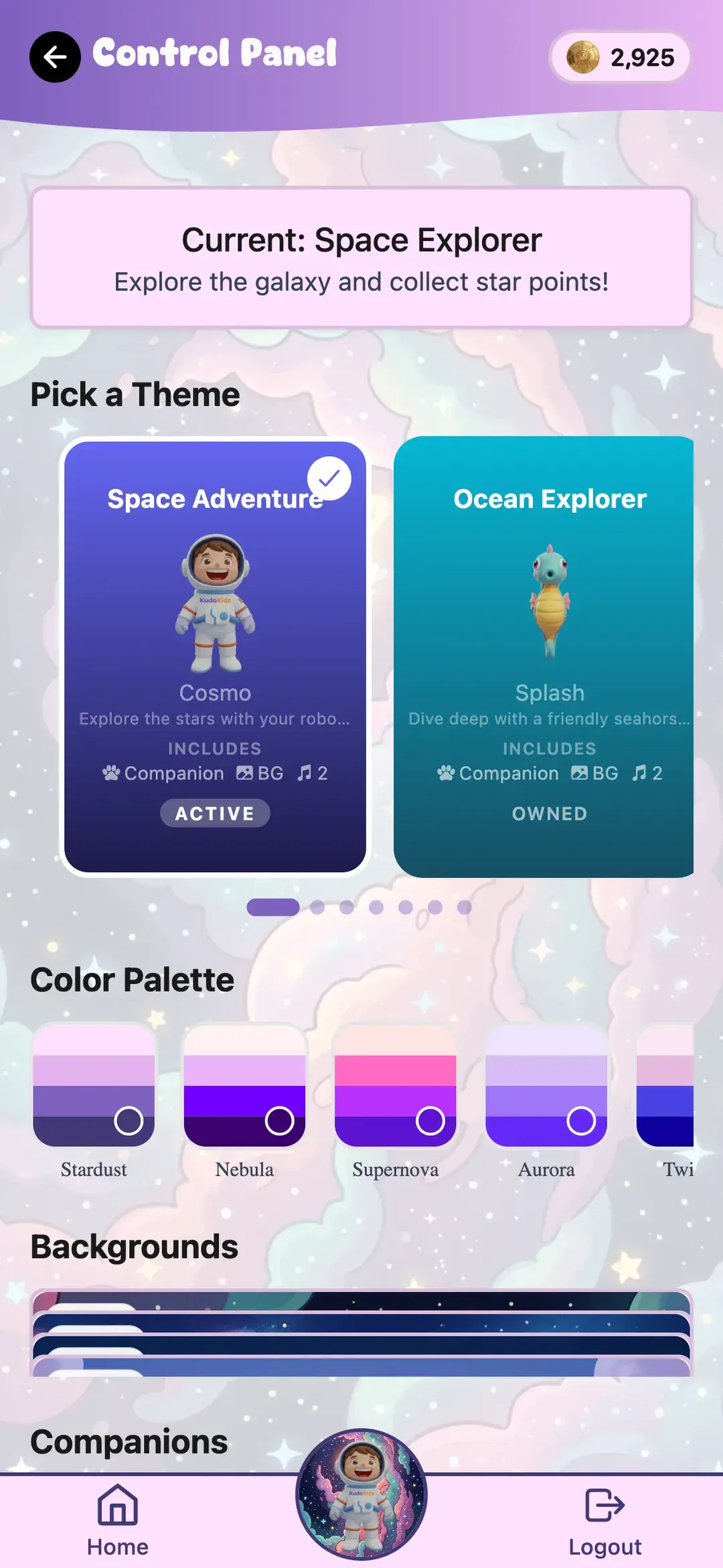 The theme picker on a child's phone — Space Adventure active with Cosmo, Ocean Explorer owned with Splash the seahorse, and the color palettes and backgrounds that come with each world
