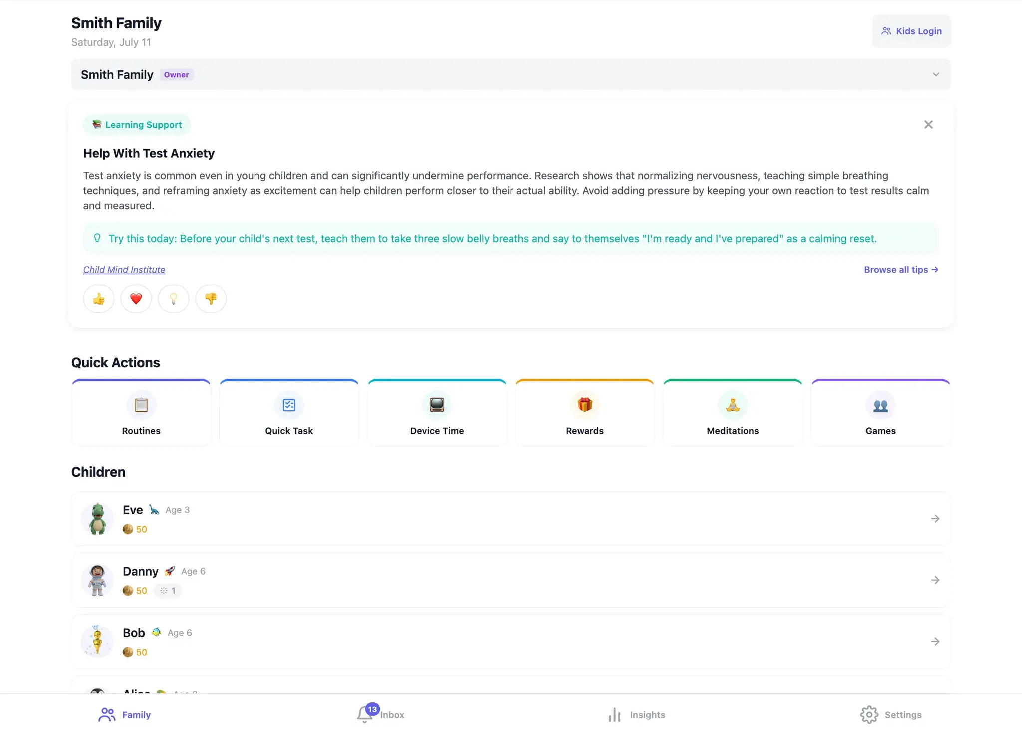The KudoKids parent Family tab on iPad — a card for each child with their streak and Kudo Coin balance, quick actions for Routines, Quick Task, Device Time, and Rewards, and the day's parenting tip.