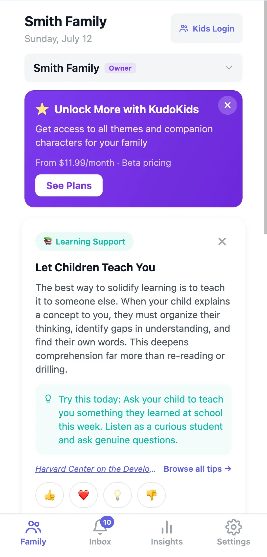 The KudoKids parent dashboard on a phone — the family home with a prompt to explore premium plans, a daily parenting tip citing the Harvard Center on the Developing Child, and Family, Inbox, Insights, and Settings tabs along the bottom.