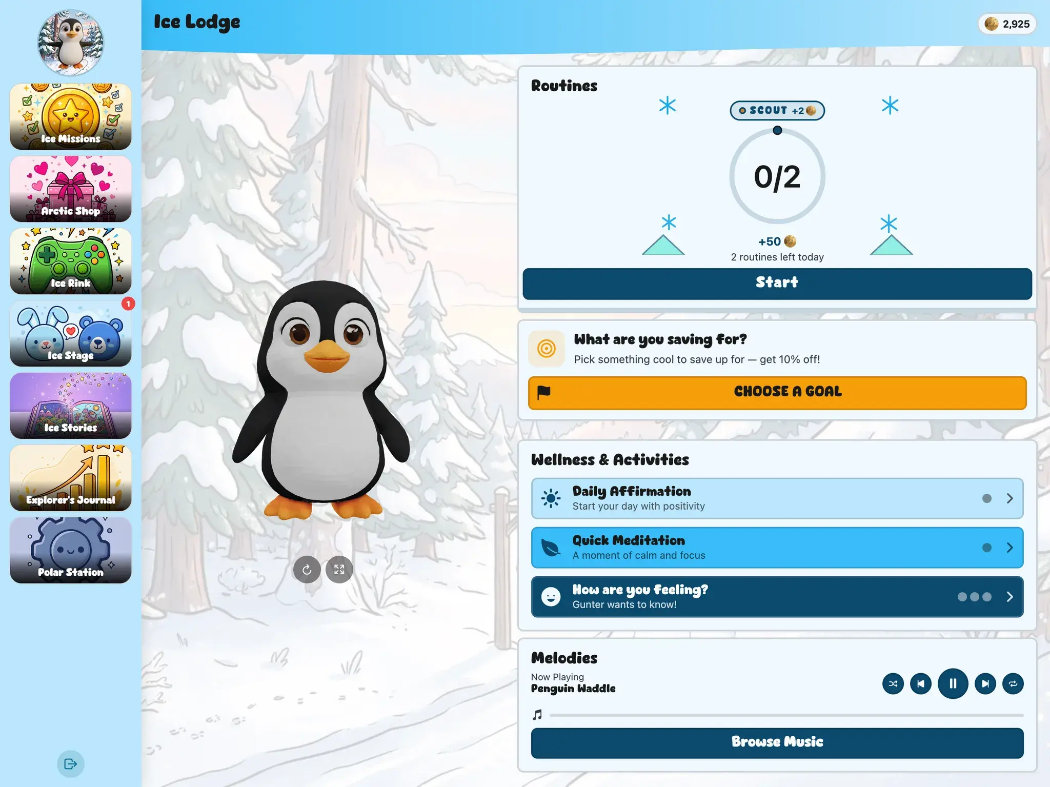 KudoKids child home in the Arctic Adventure world on iPad — Gunter, the penguin beside the day's routines, with the whole app re-themed: Ice Missions, Arctic Shop, Ice Rink, Explorer's Journal.