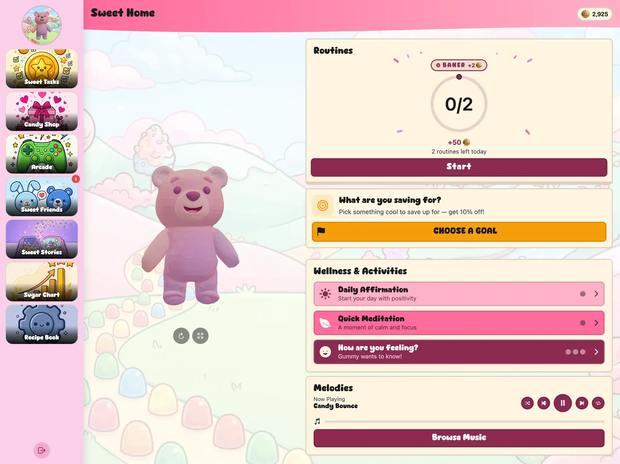 KudoKids child home in the Candy Kingdom world on iPad — Gummy, the gummy bear beside the day's routines, with the whole app re-themed: Sweet Tasks, Candy Shop, Arcade, Sugar Chart.