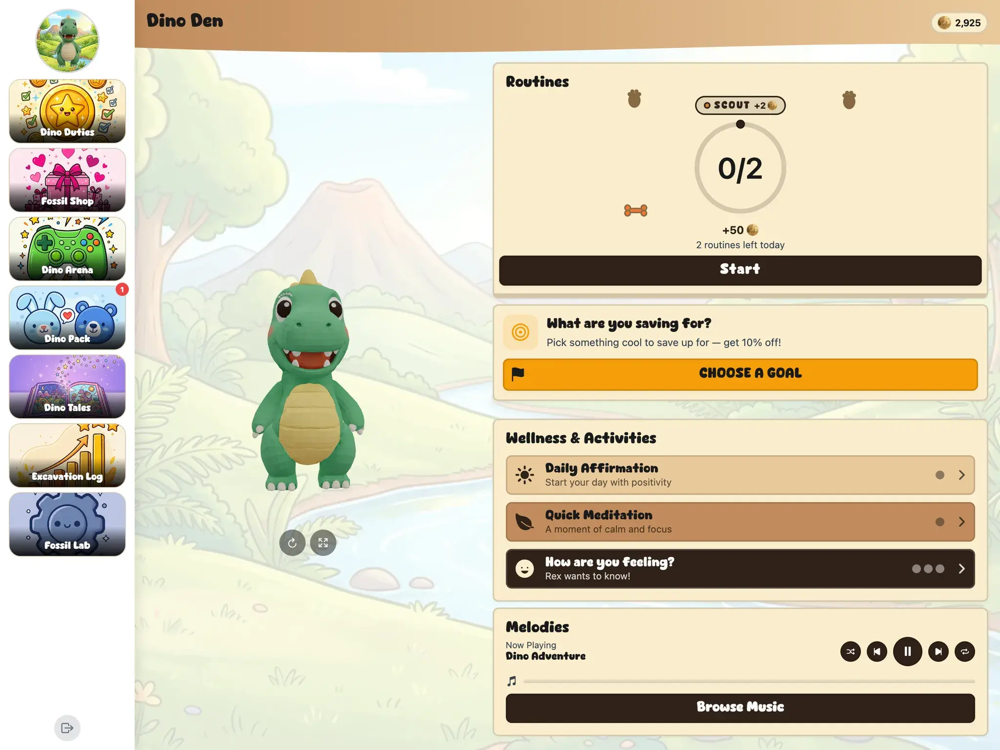 KudoKids child home in the Dino World world on iPad — Rex, the baby T-Rex beside the day's routines, with the whole app re-themed: Dino Duties, Fossil Shop, Dino Arena, Excavation Log.