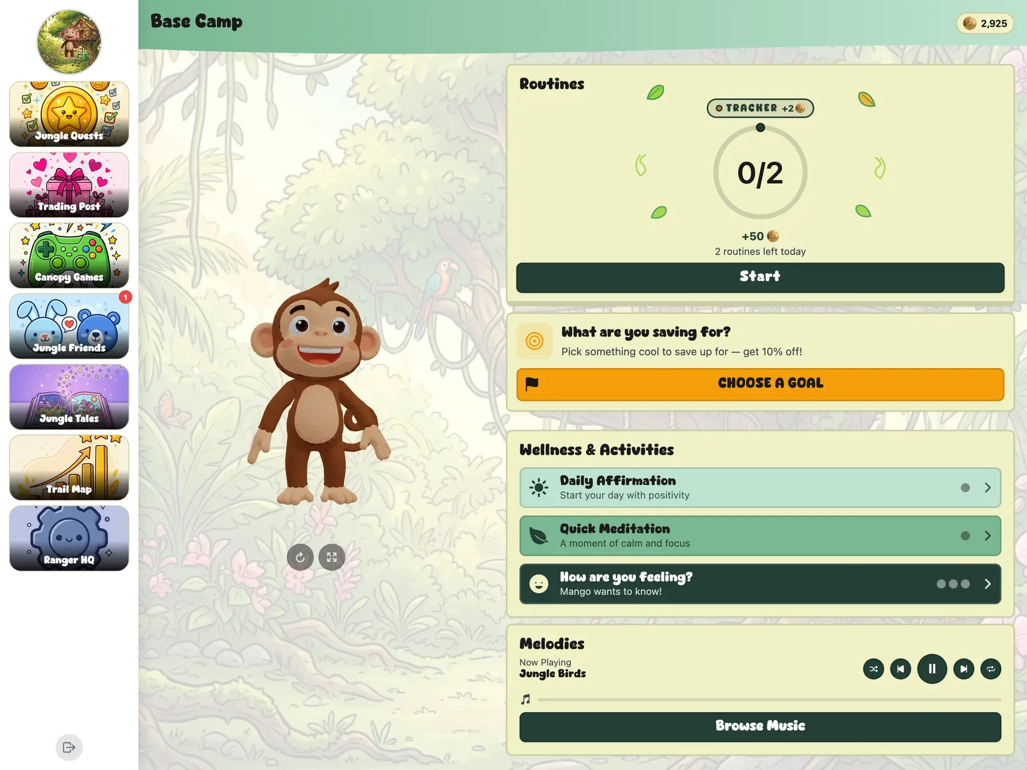 KudoKids child home in the Jungle Safari world on iPad — Mango, the monkey beside the day's routines, with the whole app re-themed: Jungle Quests, Trading Post, Canopy Games, Trail Map.
