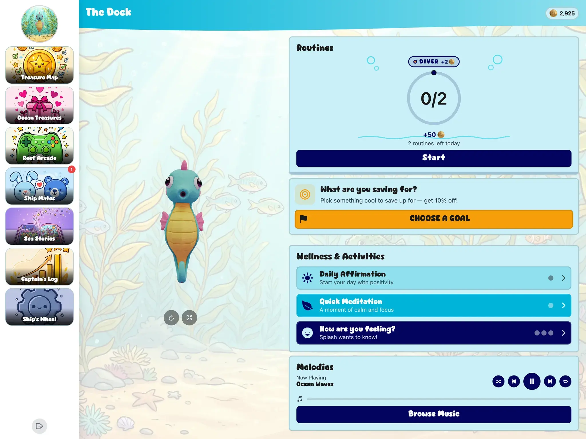 KudoKids child home in the Ocean Explorer world on iPad — Splash, the seahorse beside the day's routines, with the whole app re-themed: Treasure Map, Ocean Treasures, Reef Arcade, Captain's Log.