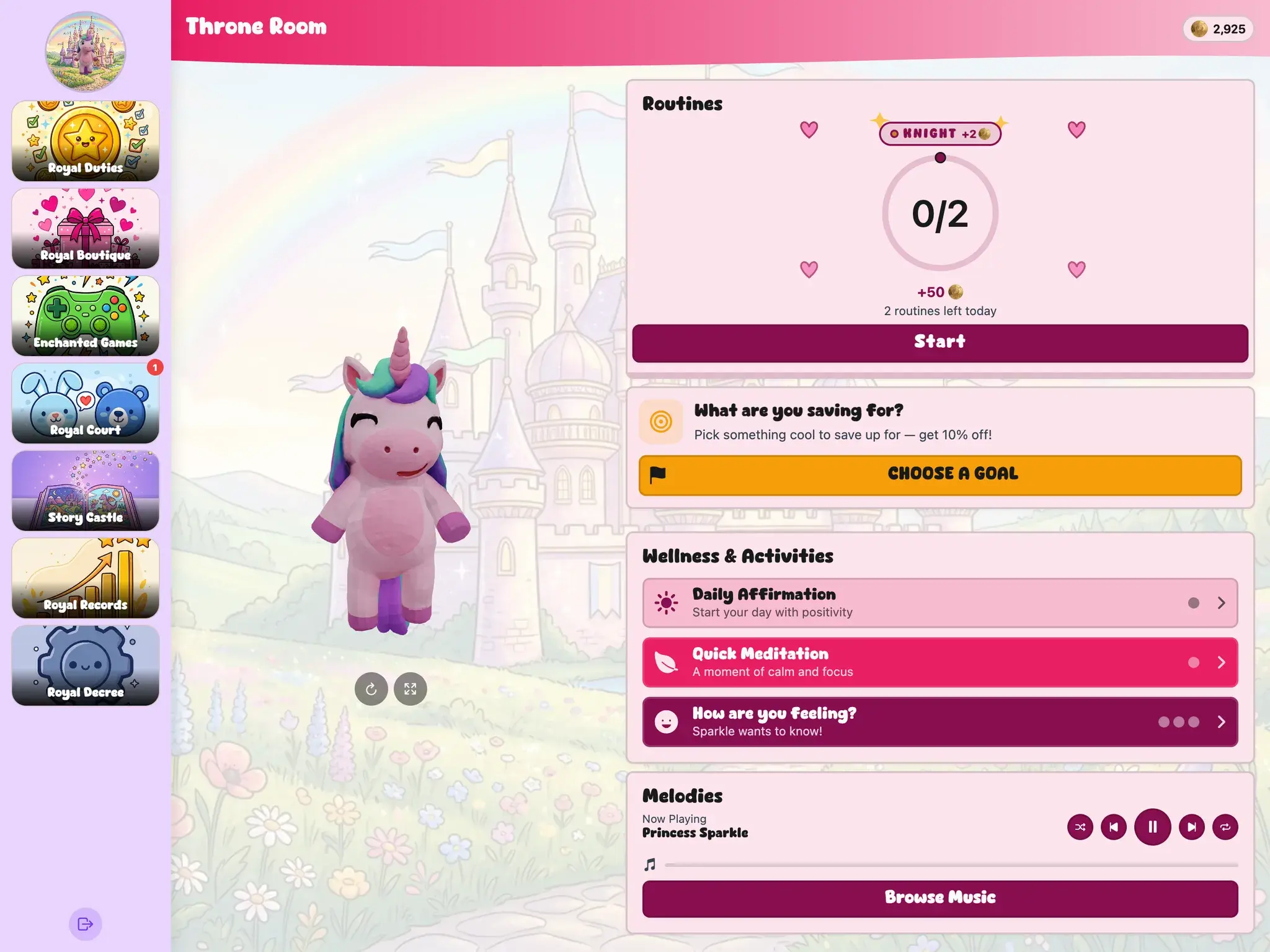 KudoKids child home in the Princess Palace world on iPad — Sparkle, the unicorn beside the day's routines, with the whole app re-themed: Royal Duties, Royal Boutique, Enchanted Games, Royal Records.