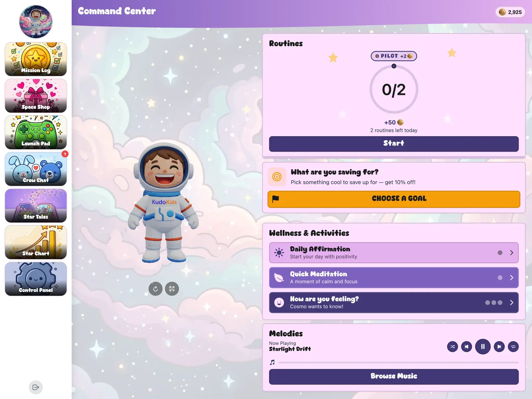 KudoKids child home in the Space Adventure world on iPad — Cosmo, the astronaut kid beside the day's routines, with the whole app re-themed: Mission Log, Space Shop, Launch Pad, Star Chart.