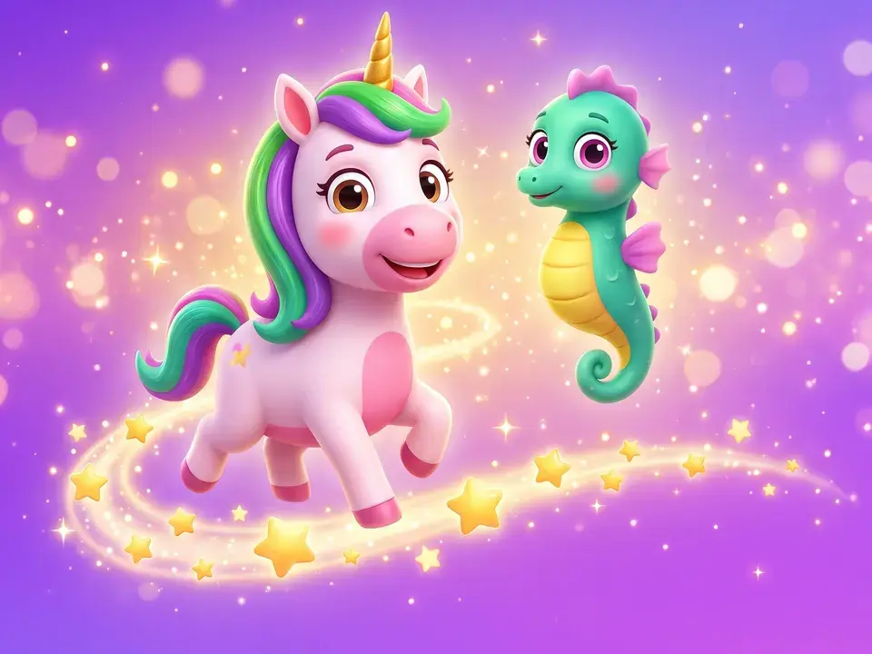 A unicorn and a seahorse companion riding a trail of golden stars
