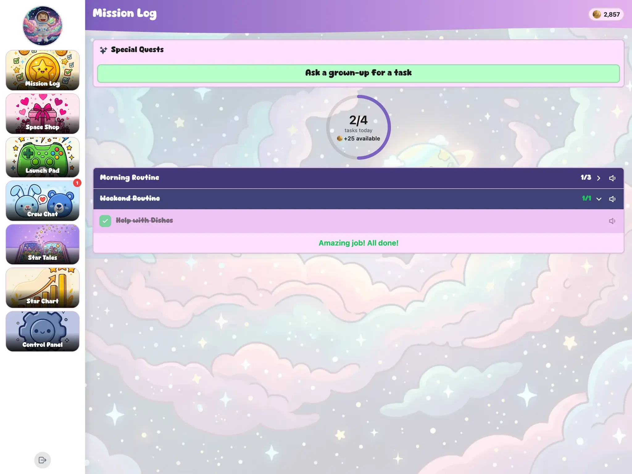A completed routine in the KudoKids app on an iPad — the child earns Kudo Coins for finishing