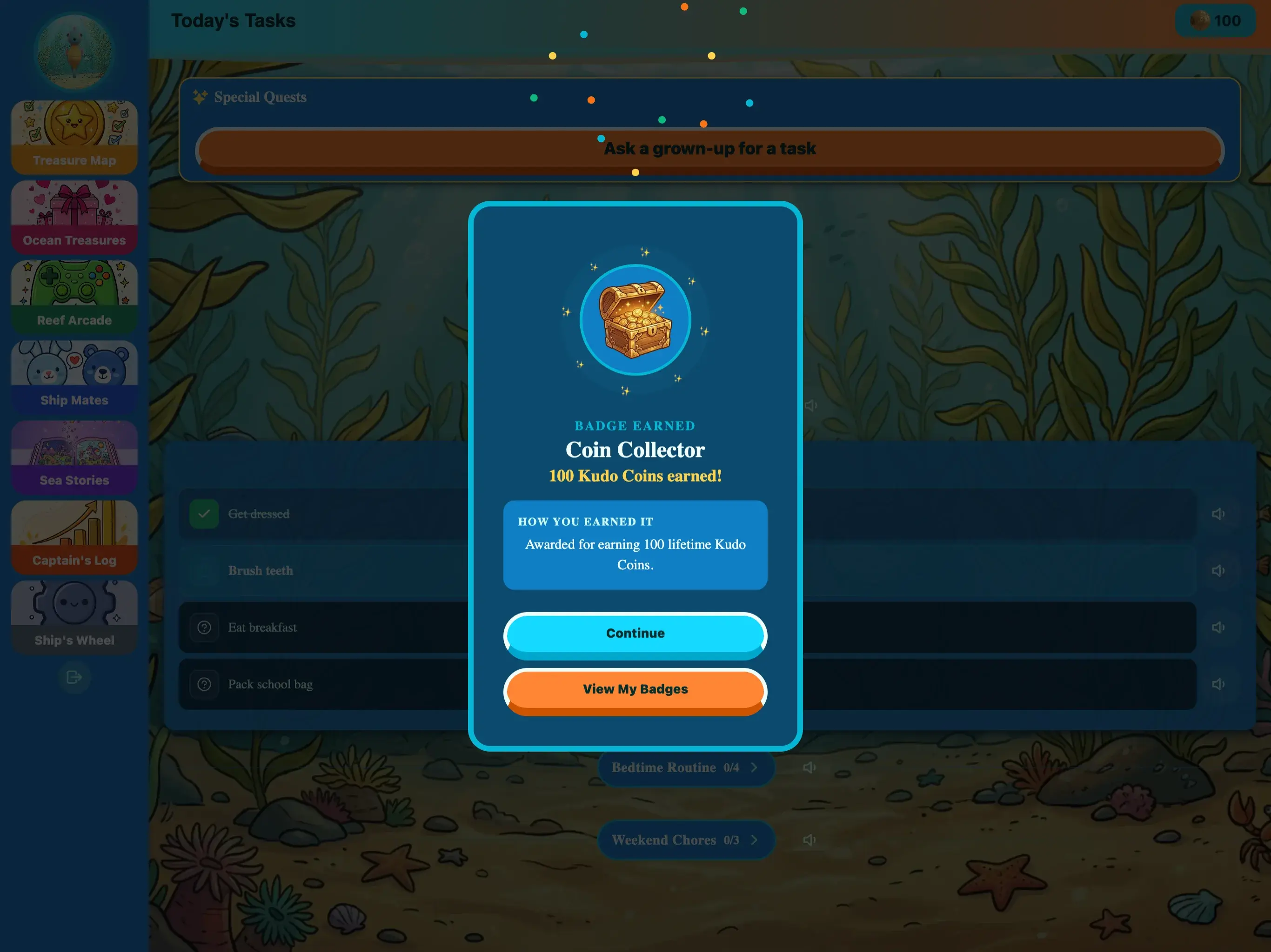 The KudoKids routines screen on an iPad — a child's daily tasks, each worth Kudo Coins