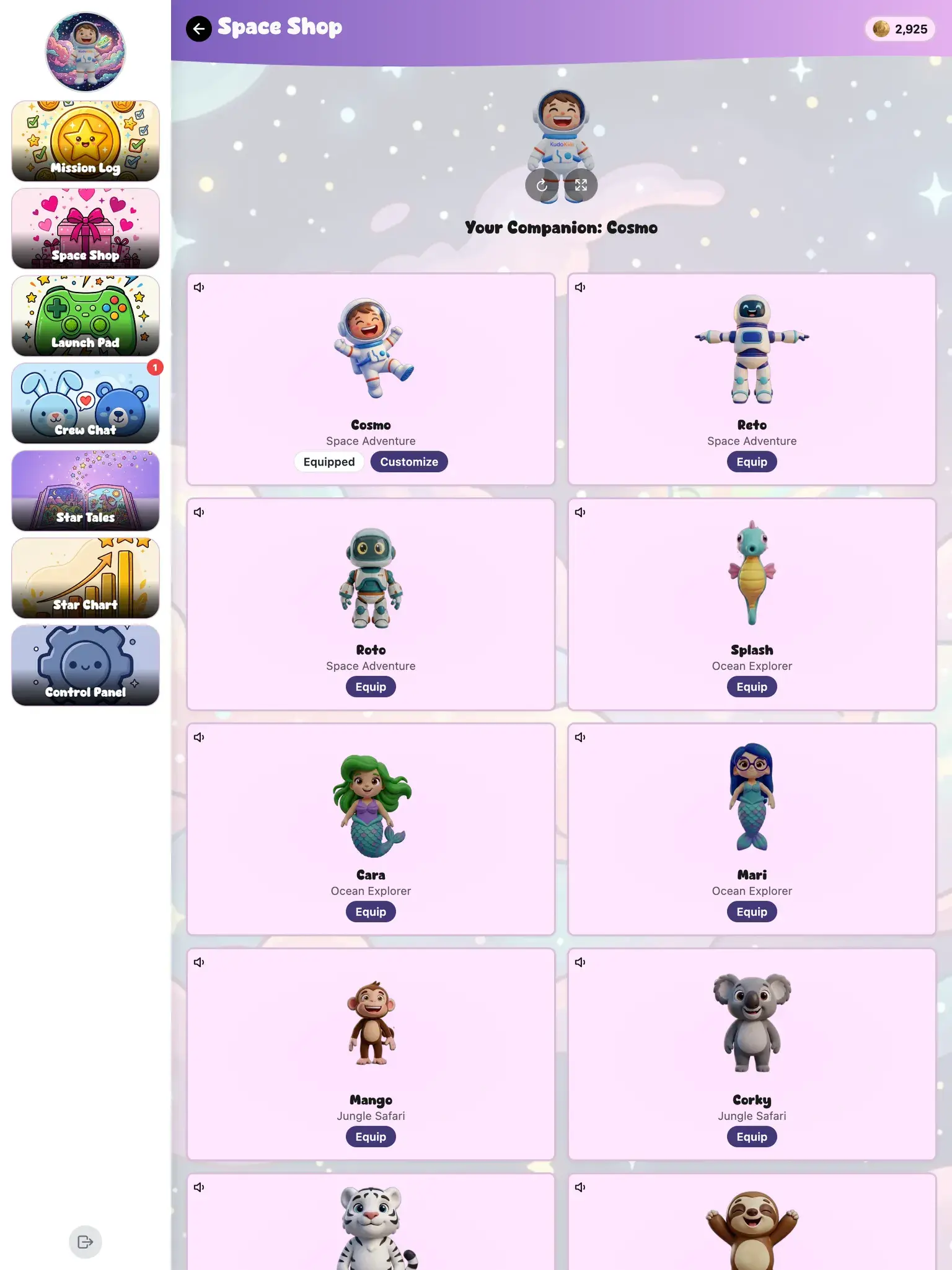 KudoKids Space Shop on iPad showing companions a child can unlock with earned Kudo Coins.