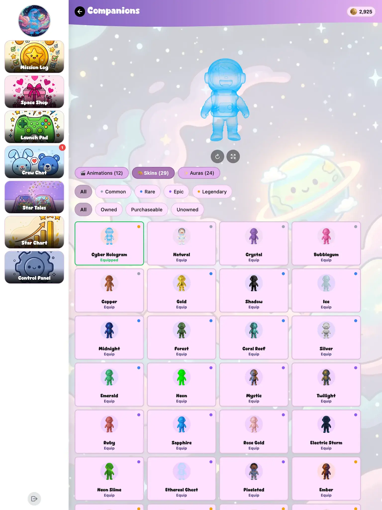 KudoKids companion screen on iPad with a grid of looks a child can unlock for their companion.