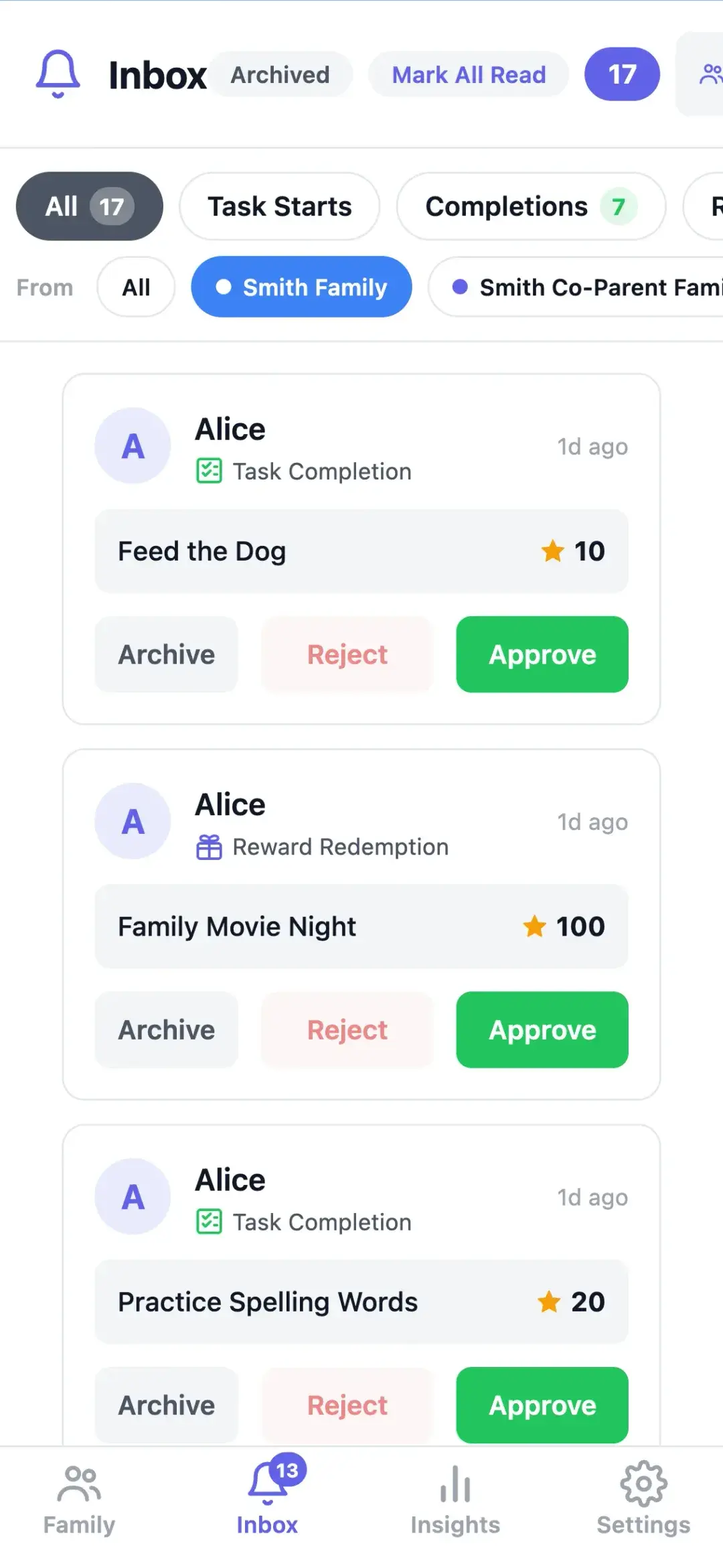 KudoKids parent inbox with a finished task and a family movie night reward request, each with an Approve button.