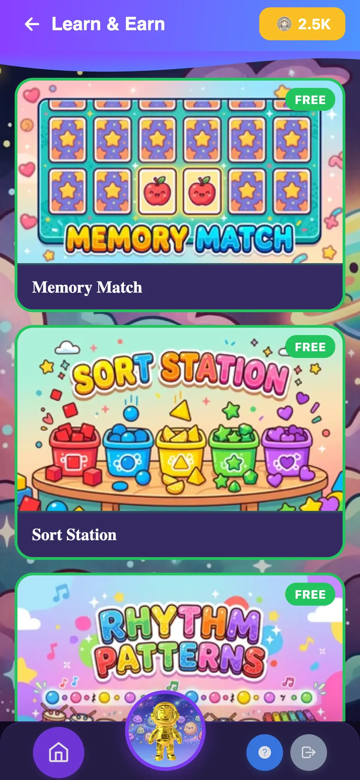 Learning games library — math, reading, science, and logic games that pay out Kudo Coins