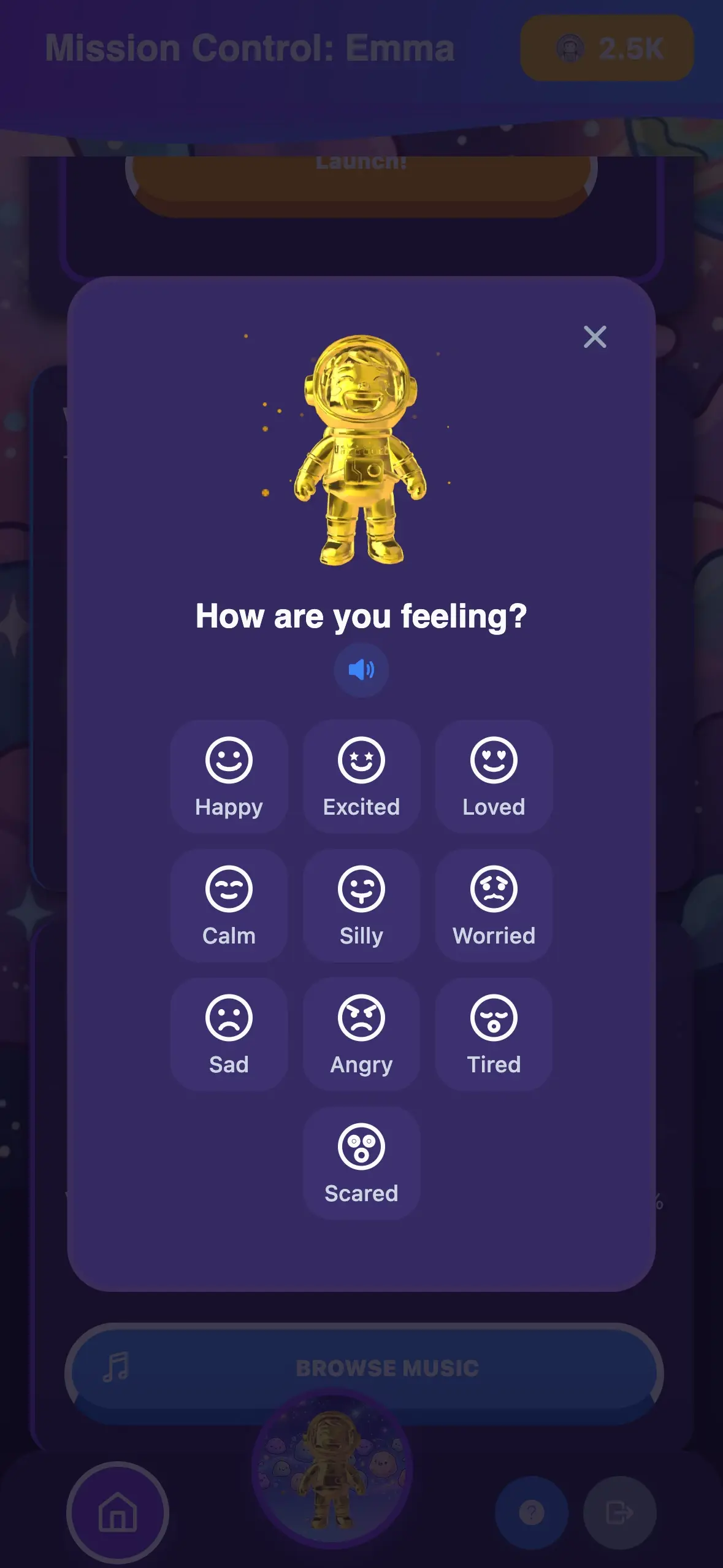 Daily mood check-in with ten named feelings, voiced by the child's companion