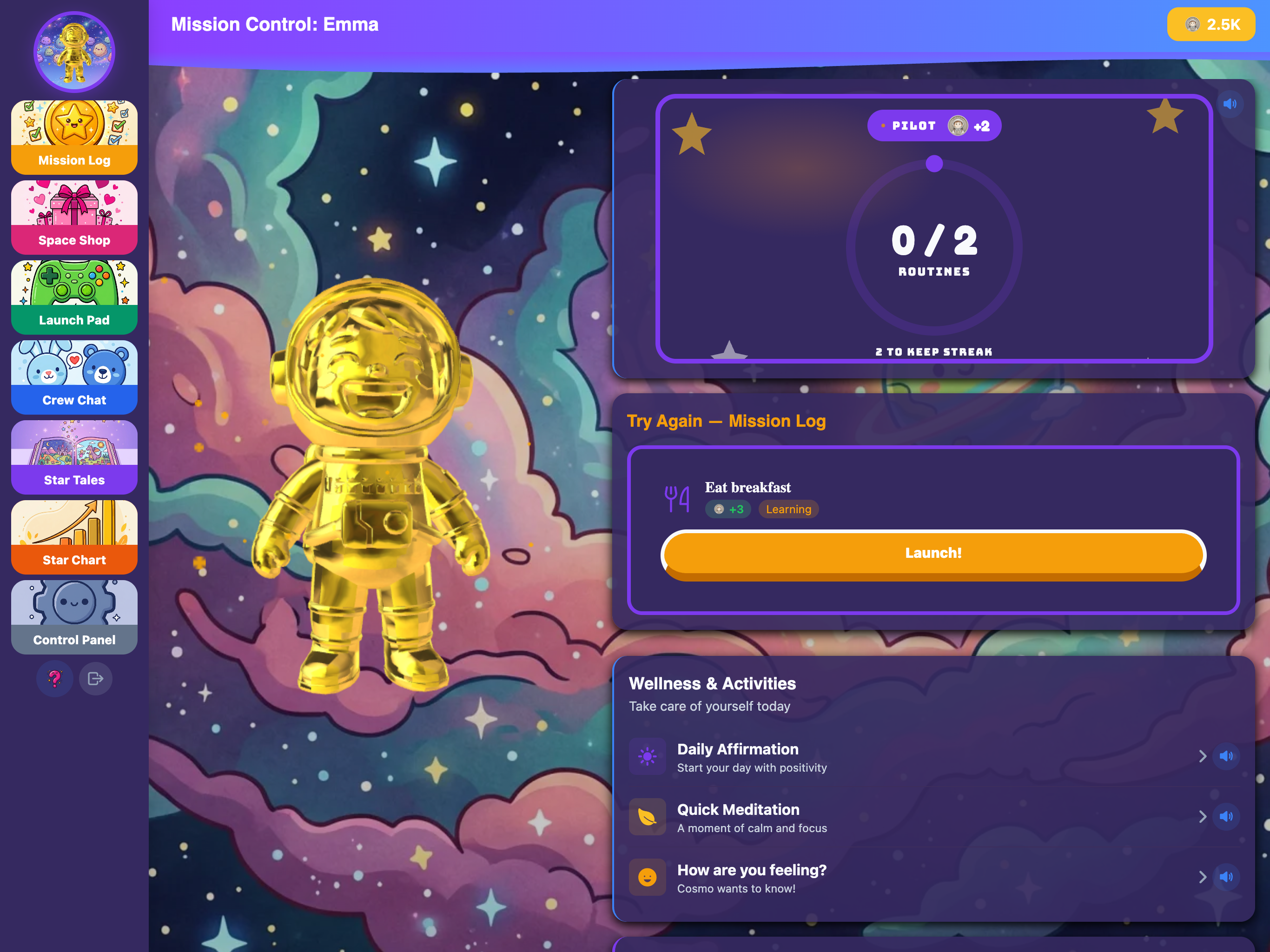 KudoKids child home screen — companion, Kudo Coins balance, routines