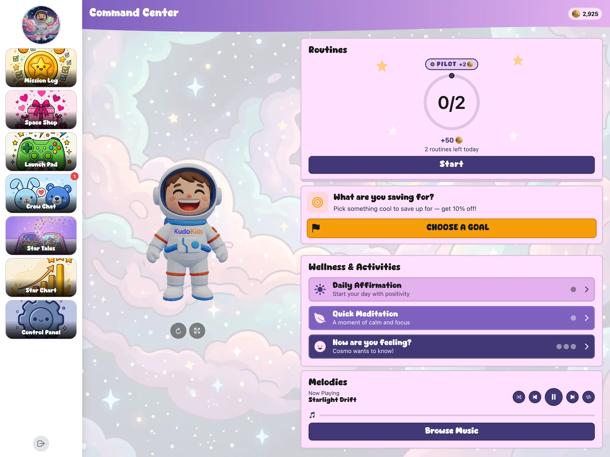 A child's KudoKids home screen showing their companion, Kudo Coin balance, and today's routines