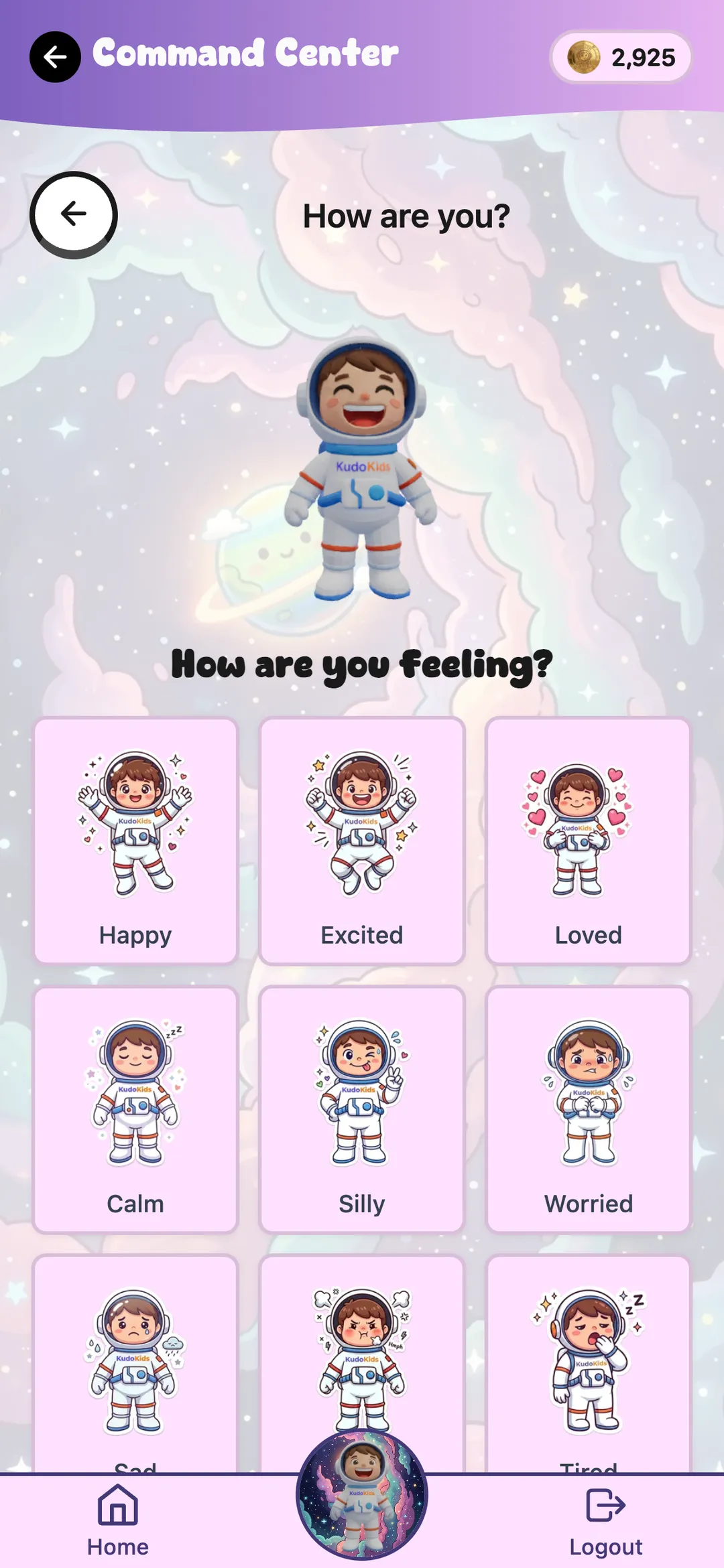 Mood check-in screen where a child names how they feel